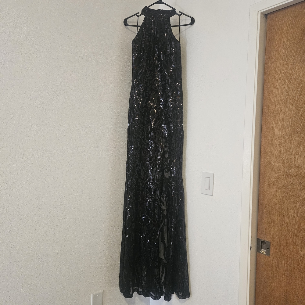 NEW | BANJUL Black Sequin Sheer Halter Floor-length Gown | Prom | Formal